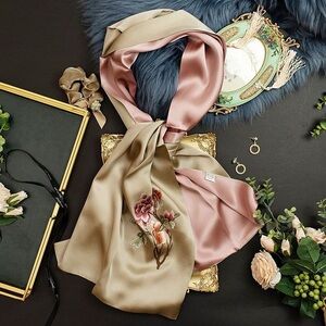 Elegant Peony Floral Embroidered Silk Scarf